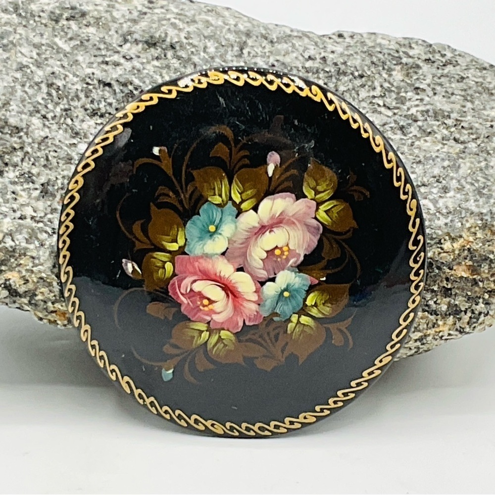 Vintage Russian Brooch Lacquer Hand Painted Flowers Floral Domed Black Pin 2”